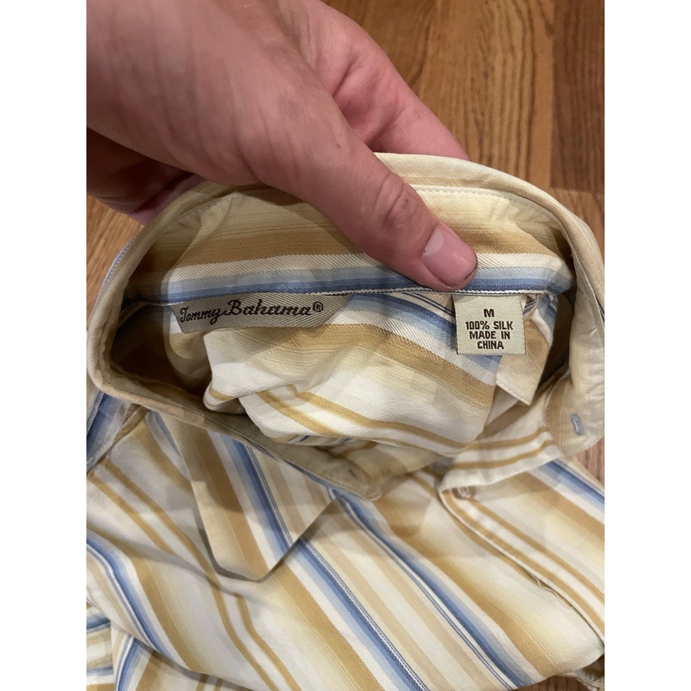 Tommy Bahama Men's 100% Silk Yellow Blue Striped Long Sleeve Shirt Size Medium - Picture 4 of 9